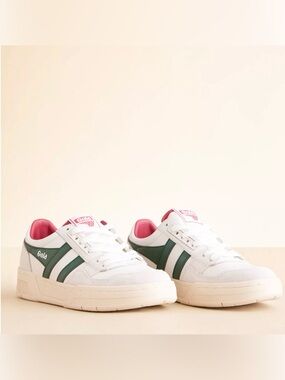 Gola White Sneakers with Green Stripes and Pink Lining